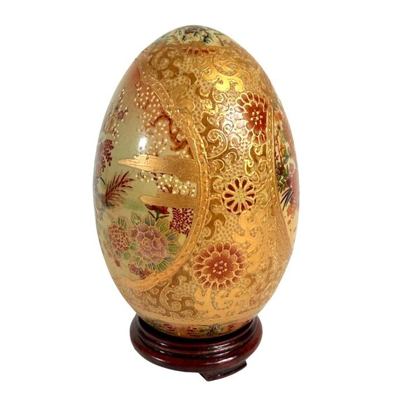 Japanese Satsuma Decorative Egg Gold Gilt Floral Landscape Glazed VTG Wooden Sta - Picture 7 of 12